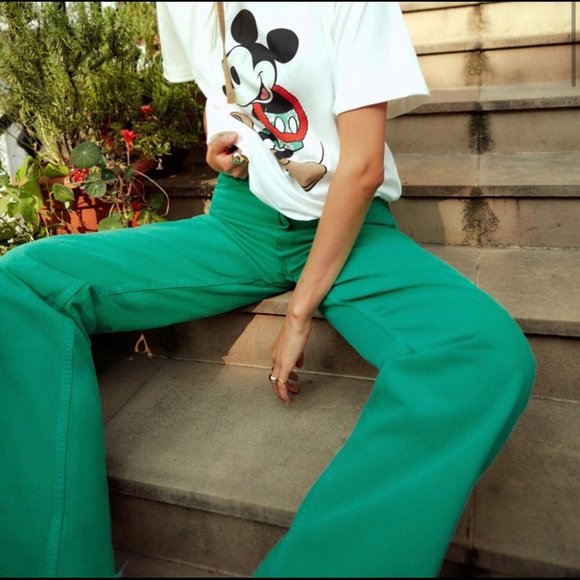 Zara Wide Leg Raw Ripped Hem Bright Green High Waisted Mom Jeans Y2K: 2 - Picture 12 of 12